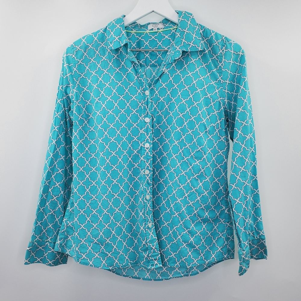 Crown & Ivy Teal Print Button Up Shirt Boho Preppy - Picture 1 of 5